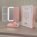 Tri-Fold LED Makeup Mirror 3 Tone Lights Portable Compact Desktop Vanity Mirror 2X/3X Magnifying Rotable Lighted Makeup Mirror