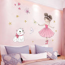 1 pieza de pegatinas de dibujos animados de niña y gatito bailando con mariposas, decoración para pared de dormitorio, pegatinas autoadhesivas impermeables.